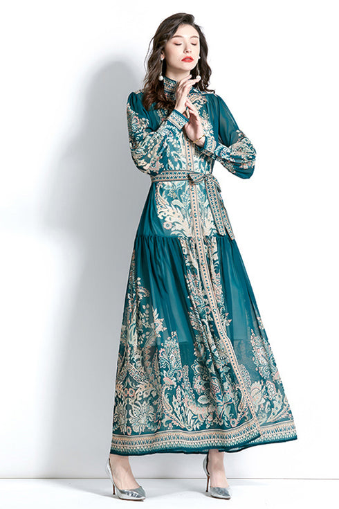 Bright & Elegant Paisley Pattern Long Puff Sleeve, Mock Neck Belted, Women's Long Modest Holiday, Party, Evening, Festive Maxi Dress